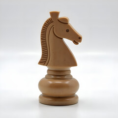 Stylized representation of a chess knight piece in warm earthy tones with a modern aesthetic, 3d rendering of still life concept.