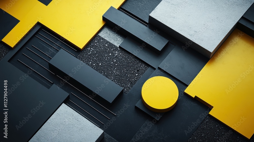 Poster a black and yellow abstract design with a yellow circle in the middle. generative ai