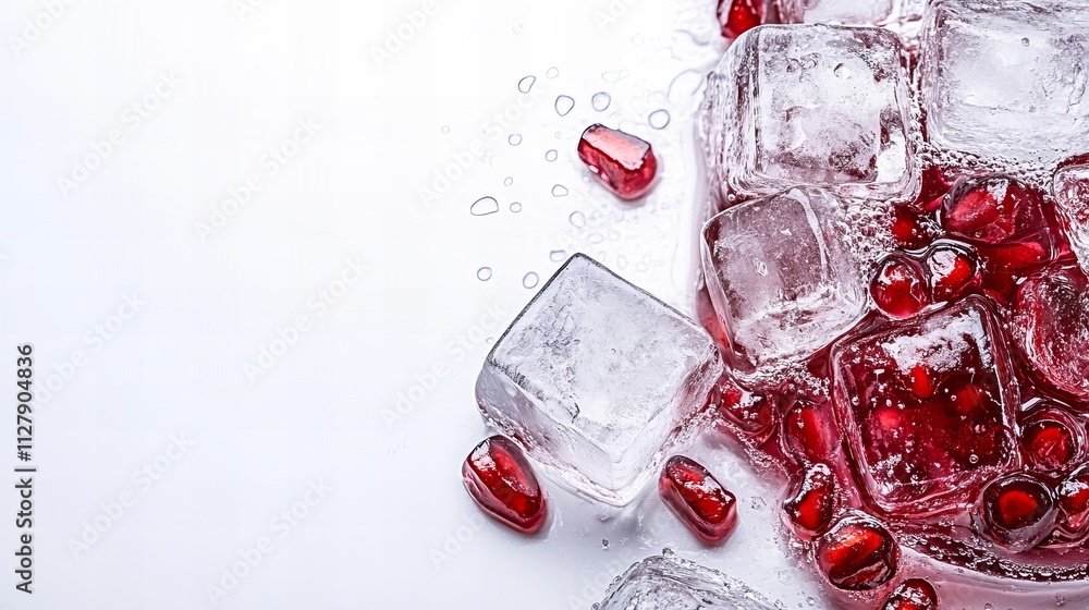 Poster refreshing ice cubes with pomegranate seeds, creating a vibrant and cool visual.