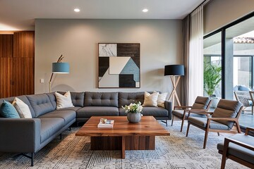 Fototapeta premium Stylish Contemporary Lounge Design Featuring Wooden Coffee Table and Grey Sectional in Modern Home Interior
