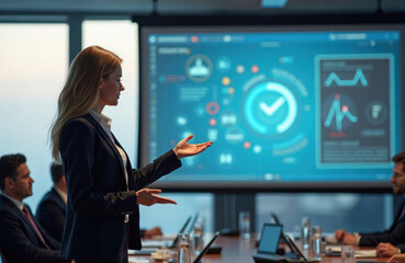 Businesswoman gives presentation on e-business tech in conference room. Attendees listen attentively. Modern tech tools visible on screen. Pro meeting in progress. Focus on business and innovation.