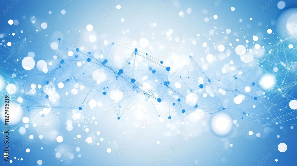 Poster abstract blue background with network connection and bokeh lights.