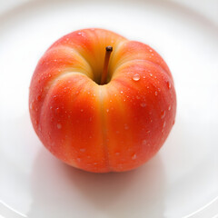 Freshly washed apple with dew drops placed on a white plate capturing natural beauty and vibrant colors, photograph of still life concept.