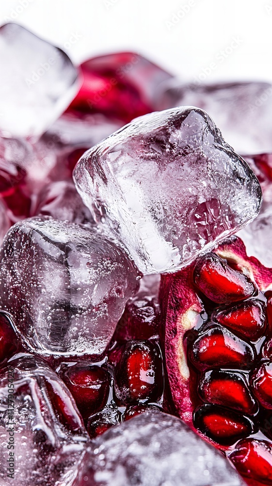 Poster close-up of pomegranate seeds and ice cubes, creating a refreshing and vibrant scene.