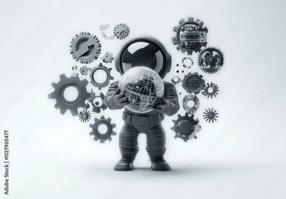 Poster Astronaut holding global network, surrounded by gears.