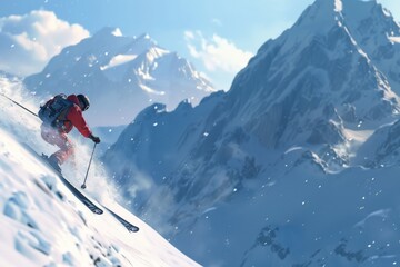Skier carving down a mountain slope with a backdrop of majestic snow-capped peaks.