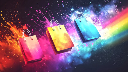 Colorful shopping bags with vibrant splashes of paint create lively atmosphere, perfect for digital shopping events and promotions