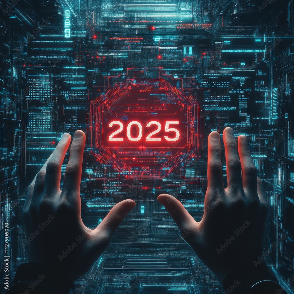 Aufkleber a hand is pointing to a red circle with the number 2025 on it. generative ai