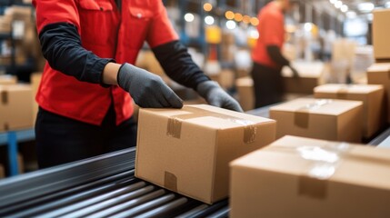 cardboard parcel on distribution line in warehouse distribution center.