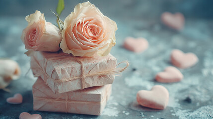 Celebrating love with pink roses, gifts, and heart-shaped candies on Valentine's Day