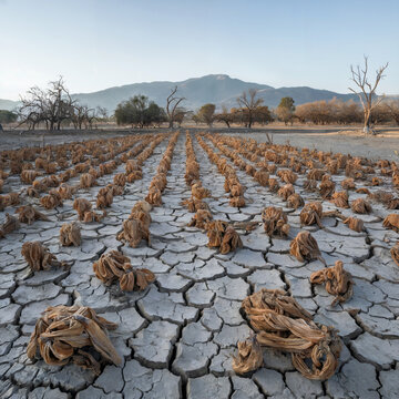 A cracked, dry landscape with barren fields, desiccated trees, and wilting crops, symbolizing droughts and water scarcity exacerbated by climate change or greenhouse effect or global warming