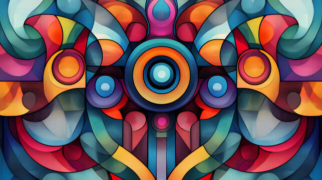 A vibrant abstract background showcasing a tessellation of contrasting geometric forms, creating a visually stimulating design. Tessellation. Illustration
