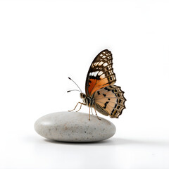 Delicate butterfly perched on a smooth stone in soft natural light setting a scene of tranquil beauty, photography of nature concept.