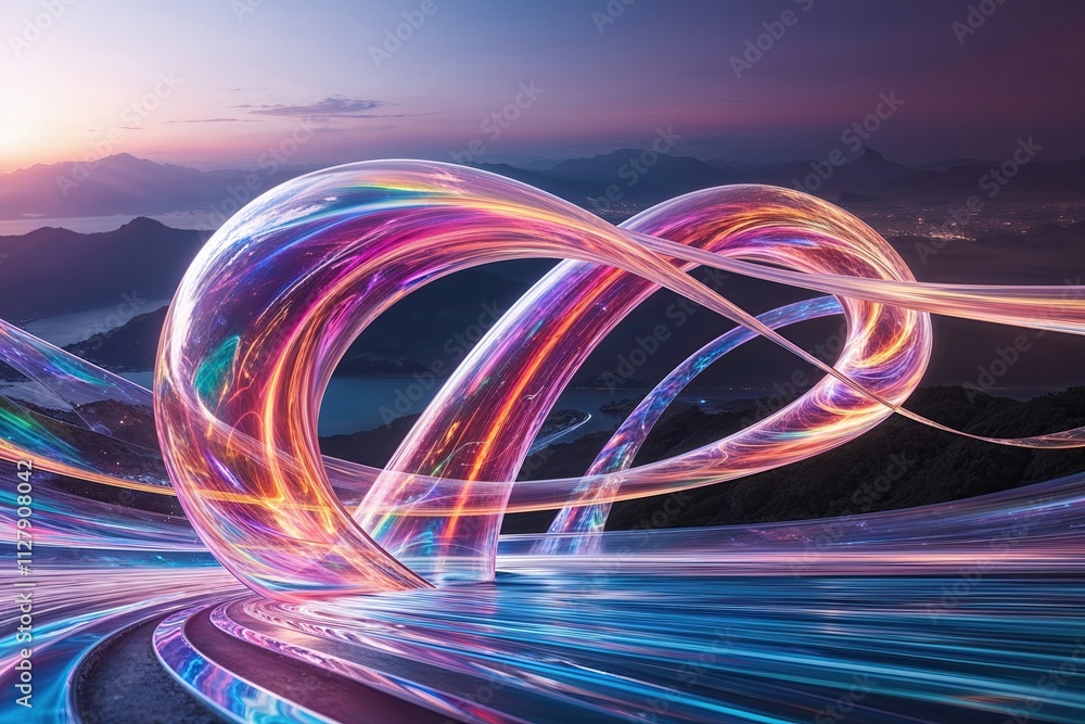 Poster vibrant three-dimensional holographic arcs flowing in a dynamic visual landscape