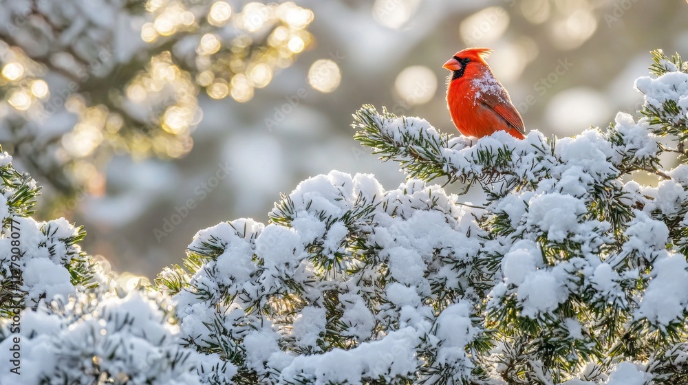 Aufkleber a striking red cardinal is elegantly perched atop snow-laden branches, showcasing its brilliant colo