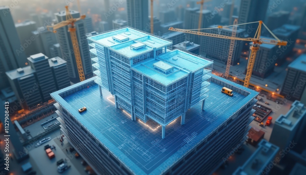 Poster digital twin construction project simulation. modern building model on construction site. simulation