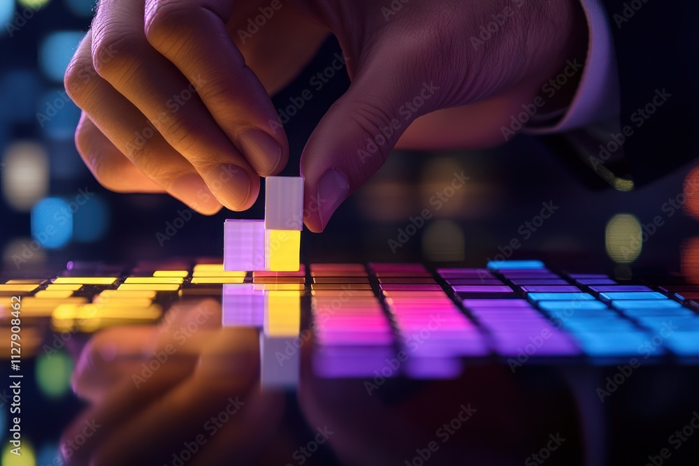 Poster hand placing illuminated cube on colorful digital grid.