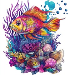 Fototapeta premium Vibrant rainbow fish swimming amidst colorful coral reef.