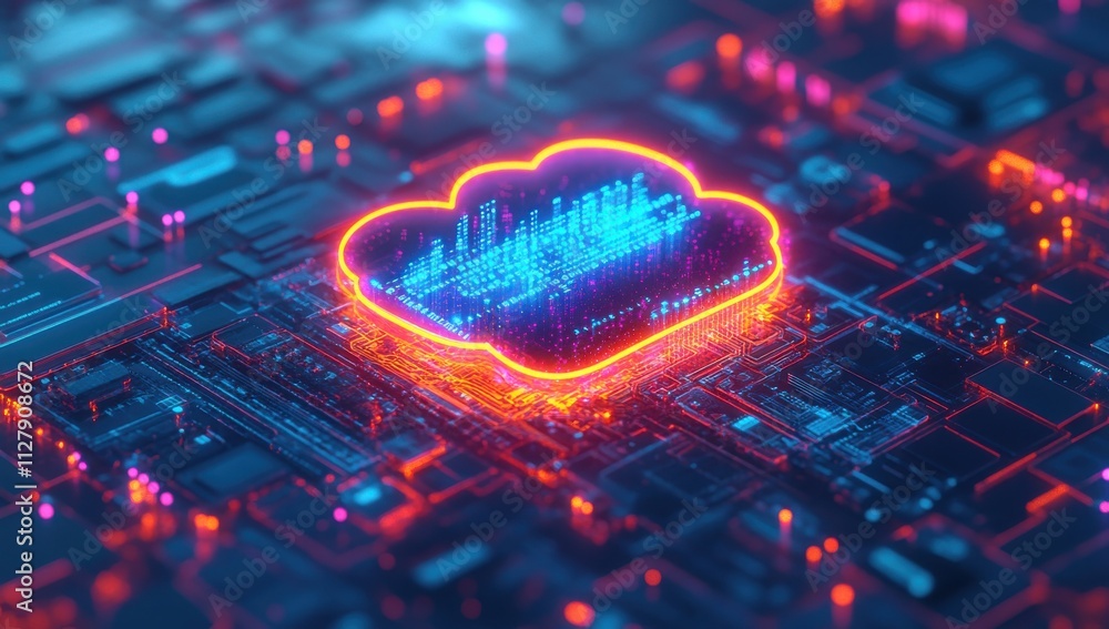 Poster abstract cloud computing concept with vibrant neon colors on a digital circuit board, representing d