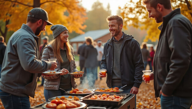 Group of people enjoy lively tailgate gathering outdoors. Grilling food, chatting happily surrounded by autumn leaves. Team flags flutter in breeze. Festive autumnal atmosphere evident. People