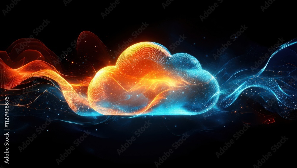 Poster abstract cloud with colorful swirls of blue and orange light representing digital data transfer in a