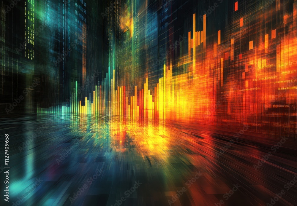 Poster abstract digital art featuring vibrant data visualizations with dynamic light and color, symbolizing