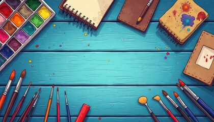 Creative workspace with art supplies. Colorful paints, brushes arranged on light teal blue wooden surface with sketchbook, paint palette. Artistic items like color paints watercolor palette