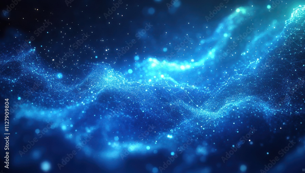 Poster abstract digital background with glowing blue particles creating a wave-like structure in a starry s