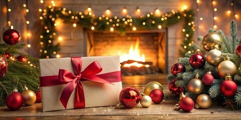 A Festive Gift Wrapped in Red Ribbon Beside a Christmas Tree and a Cozy Fireplace