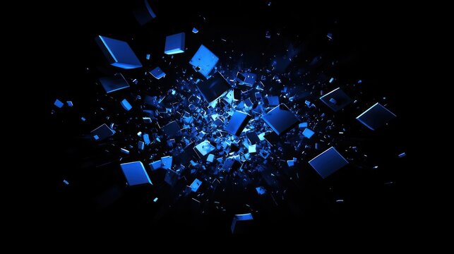 Fototapeta Abstract blue cubes exploding in dark space.
