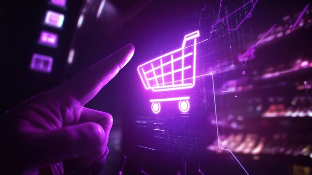 Glowing shopping cart hologram digital sale promotion poster design for holiday shopping season.