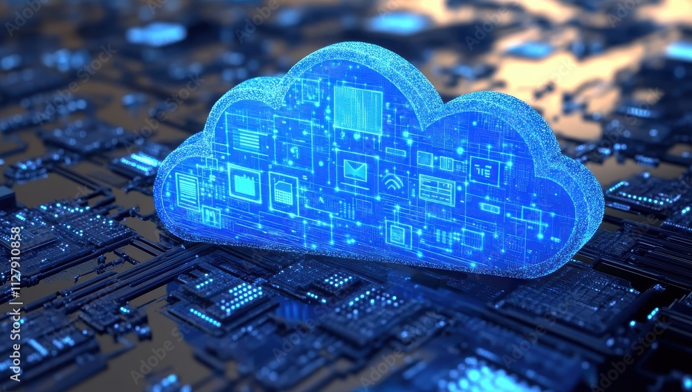 Poster abstract digital representation of cloud computing technology over circuit board, showcasing data st