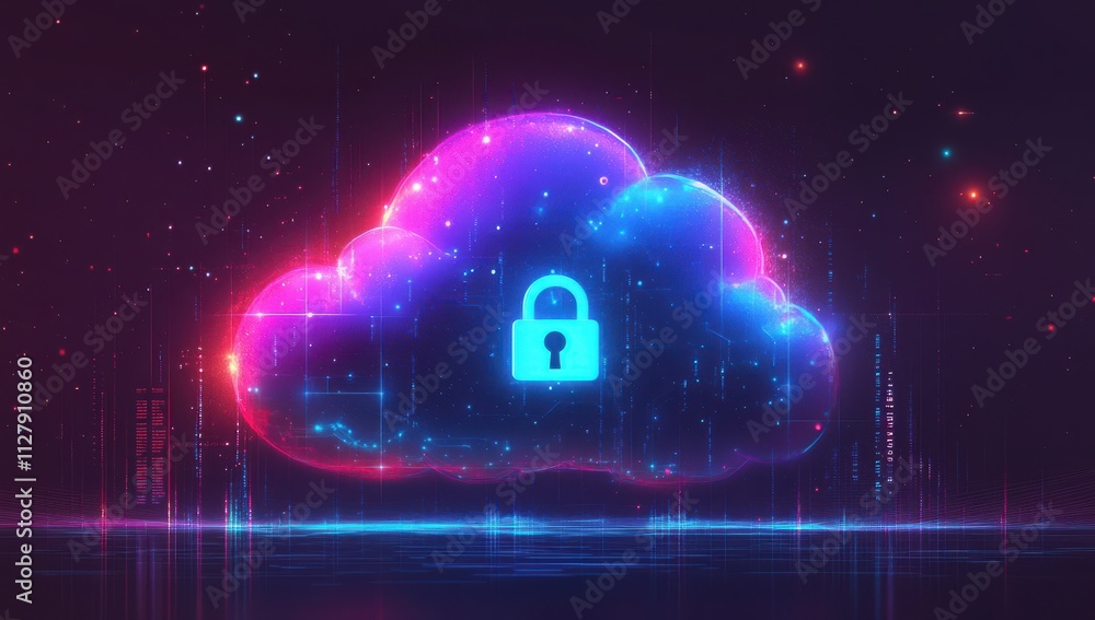 Poster abstract digital representation of secure cloud storage with lock symbol on illuminated background s