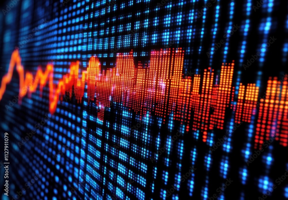 Poster abstract digital visualization of financial data with vibrant colors and graphical elements represen