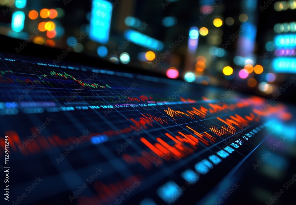 Poster abstract financial data chart on dark background with colorful digital graphs illuminating cityscape