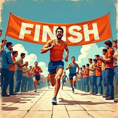 A runner in a competition crosses the finish line, demonstrating high speed and extreme concentration. Retro illustration - generative AI