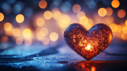 Obraz premium Heart decoration with glowing light surrounded by blurred lights for Valentine's Day celebration