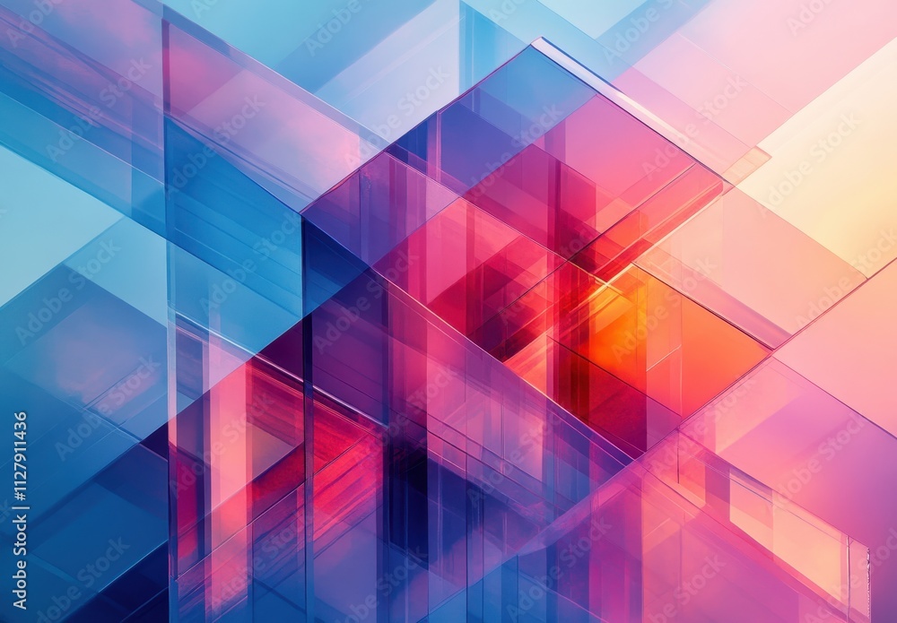 Poster abstract geometric composition featuring vibrant colors and layered patterns, creating a visually st