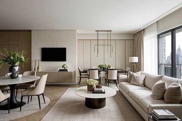 Fototapeta premium Elegant Minimalist Living Room and Dining Area Inspiration with Beige Accents for Timeless Apartment Design