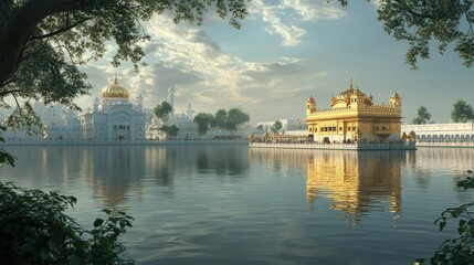 Golden temple, serene water, peaceful reflection.
