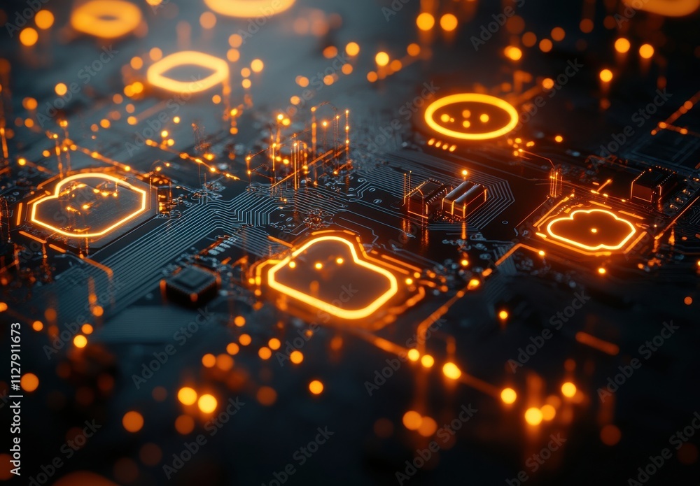 Poster abstract illustration of glowing circuits on a digital board representing advanced technology and in