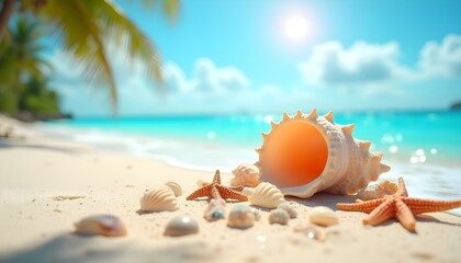 Obraz premium Escena de playa tropical con concha en el centro y palmeras al fondo