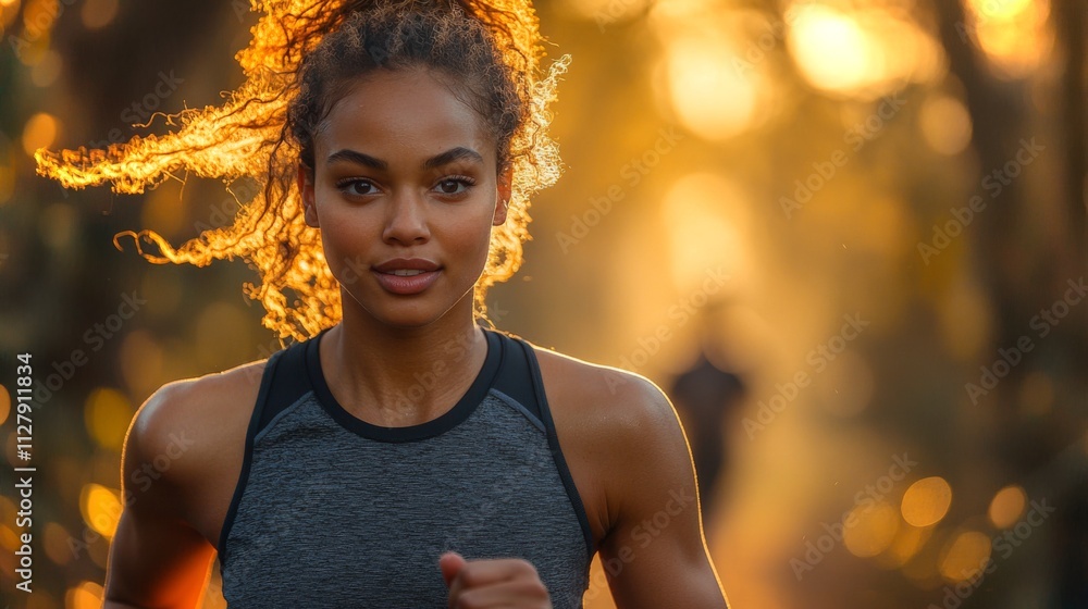 Poster a runner is seen focused while jogging in a tranquil natural setting during the early morning. sunli