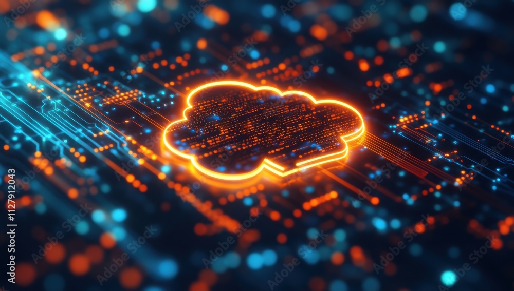Poster abstract representation of a cloud symbol surrounded by glowing binary data, depicting technology, n