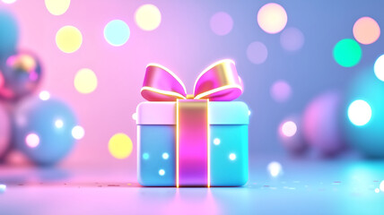 colorful gift box with shiny ribbon, surrounded by soft bokeh lights, creates festive atmosphere perfect for celebrations