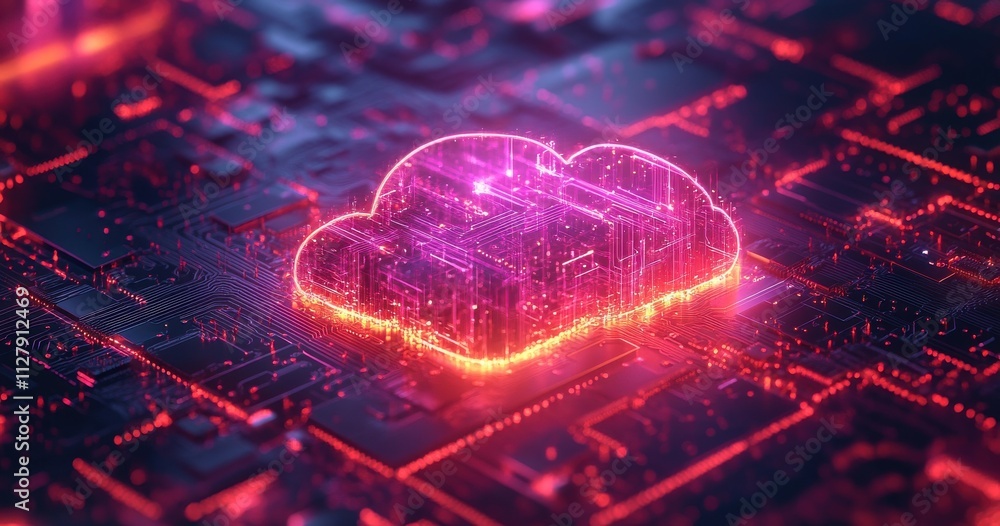 Poster abstract representation of cloud computing technology showcasing a luminous cloud symbol amidst digi