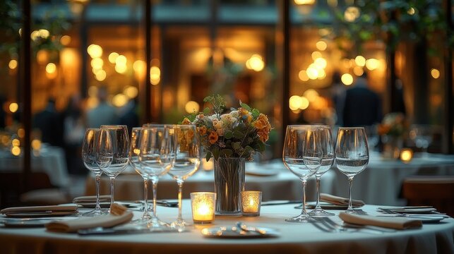 Sophisticated indoor dining setting with elegant table decor and ambient lighting for corporate events and upscale gatherings