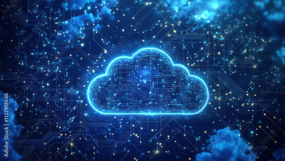 Aufkleber abstract representation of cloud computing with glowing circuitry and stars in a night sky, illustra