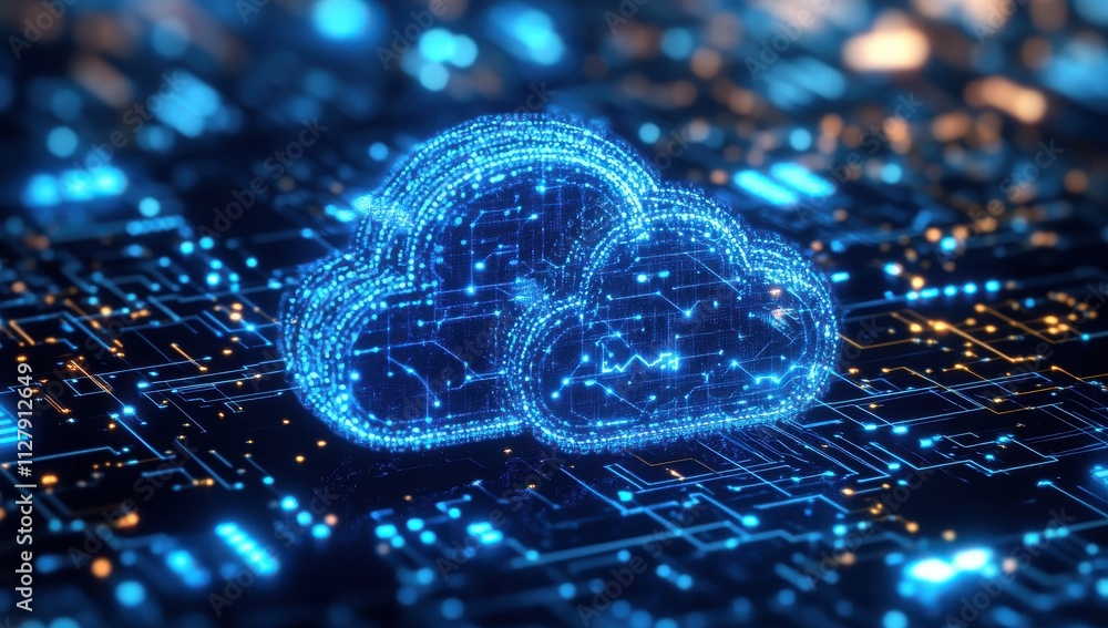 Poster abstract representation of cloud computing with neon lights and digital network connections over a d