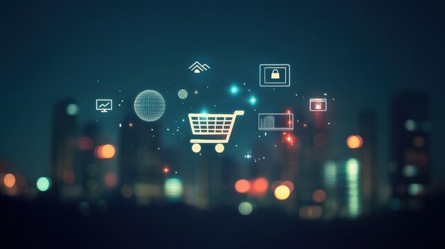 Glowing shopping cart hologram digital sale promotion poster design for holiday shopping season.